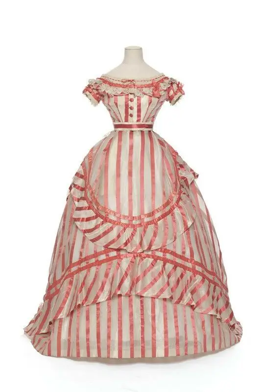 

1870's Dress Civil War Victorian Ball Gown Medieval Historical Women Vintage Striped Dress