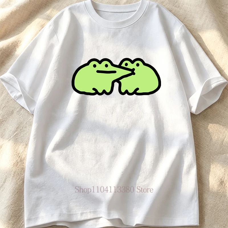 Cartoon Cute Frog Kiss Pattern Print T-shirts Summer Women Casual Fashion Funny Comfort Tops Crew Neck Short Sleeve Cotton Tees