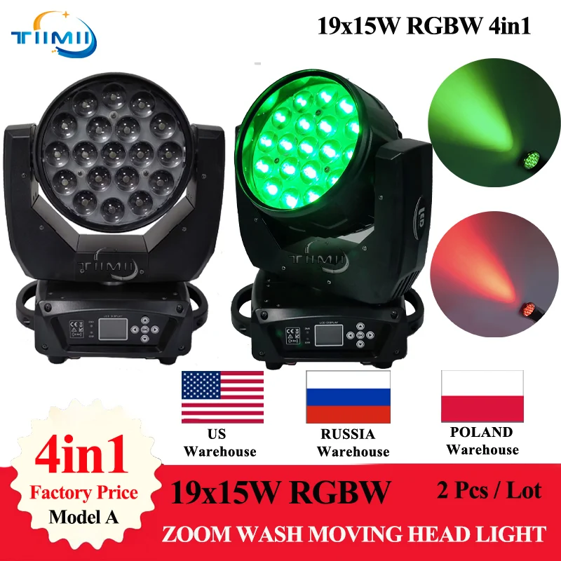 

2pcs Wash Moving Head Zoom Light 19x15W RGBW LED Light DJ Disco Party Bar Dance Floor Stage Effect Lighting Equipment Beam light