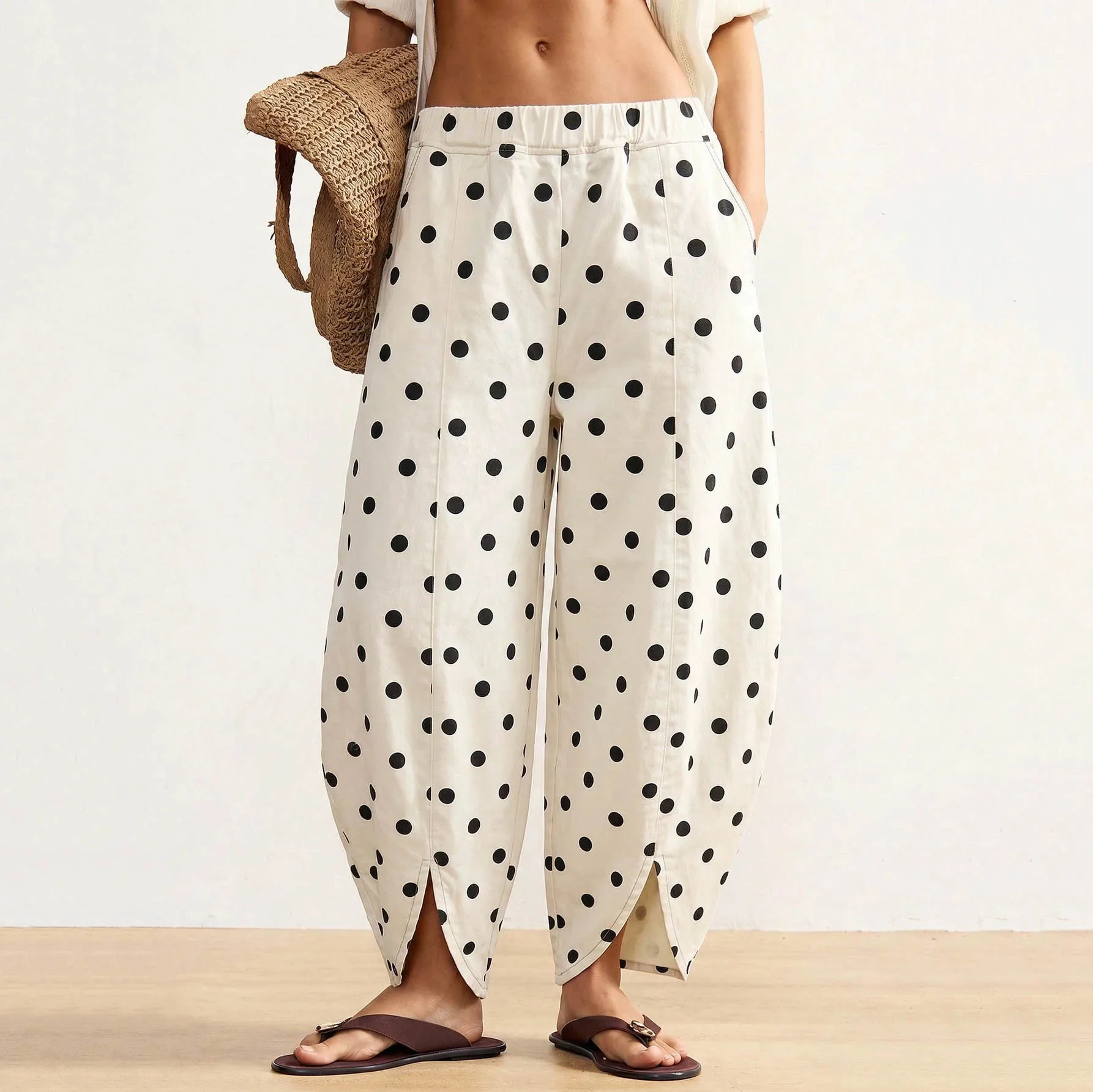 RU Polka Dot Loose Pants Elastic Waist Side Pockets Slit Ankle Design Ladies Relaxed Trousers For Daily Fashion Wear
