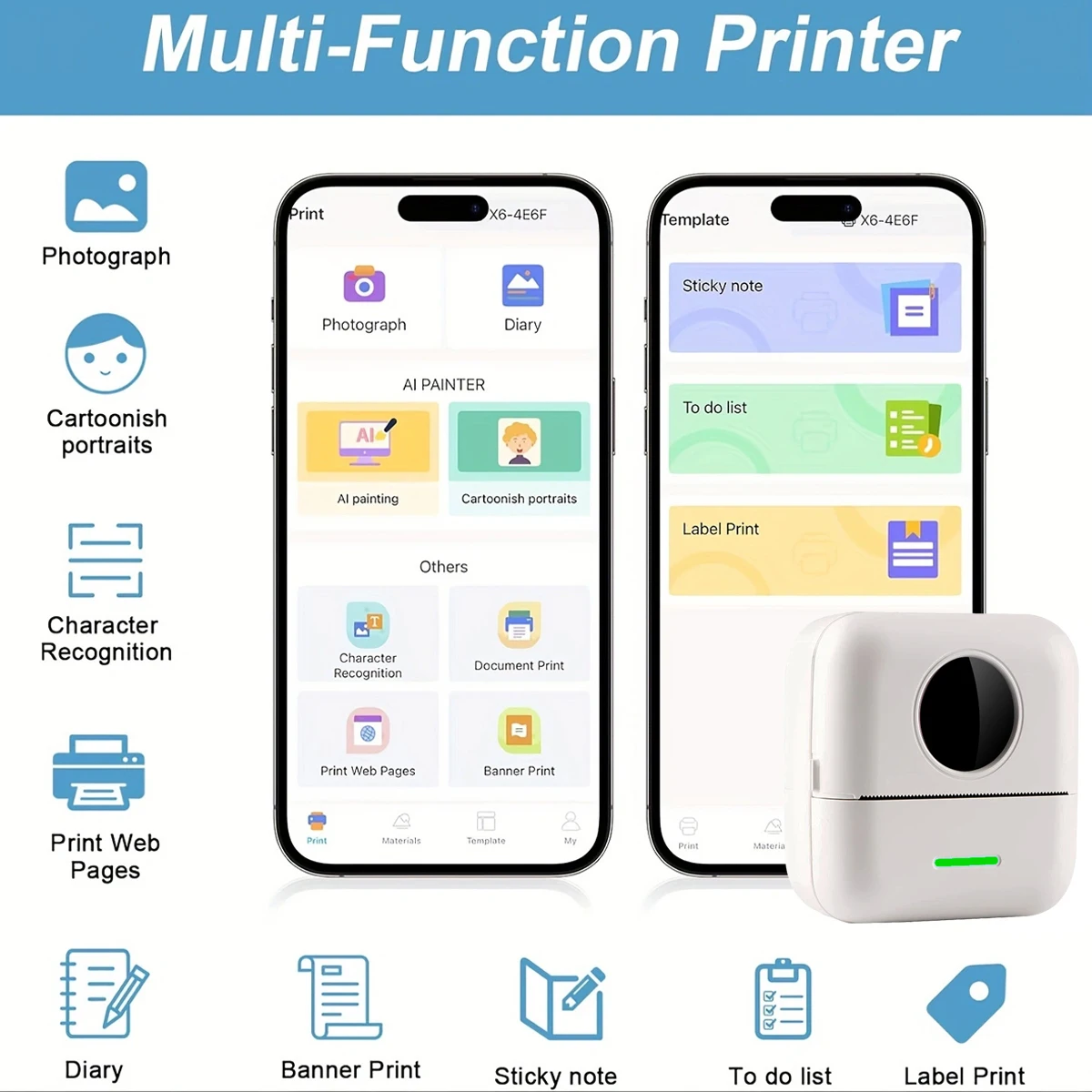 Mini-Drucker, tragbarer Thermodrucker, tintenloser Aufkleberhersteller, frei geschnittener kleiner Taschendrucker für Bilder, Fotos, Tagebücher