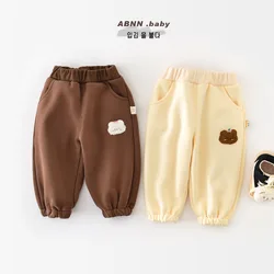 Autumn Winter Baby Boys Pants Cotton Plus Velvet Cartoon Bear Loose Solid Infant Boys Trousers Thickened Toddler Boys Pants