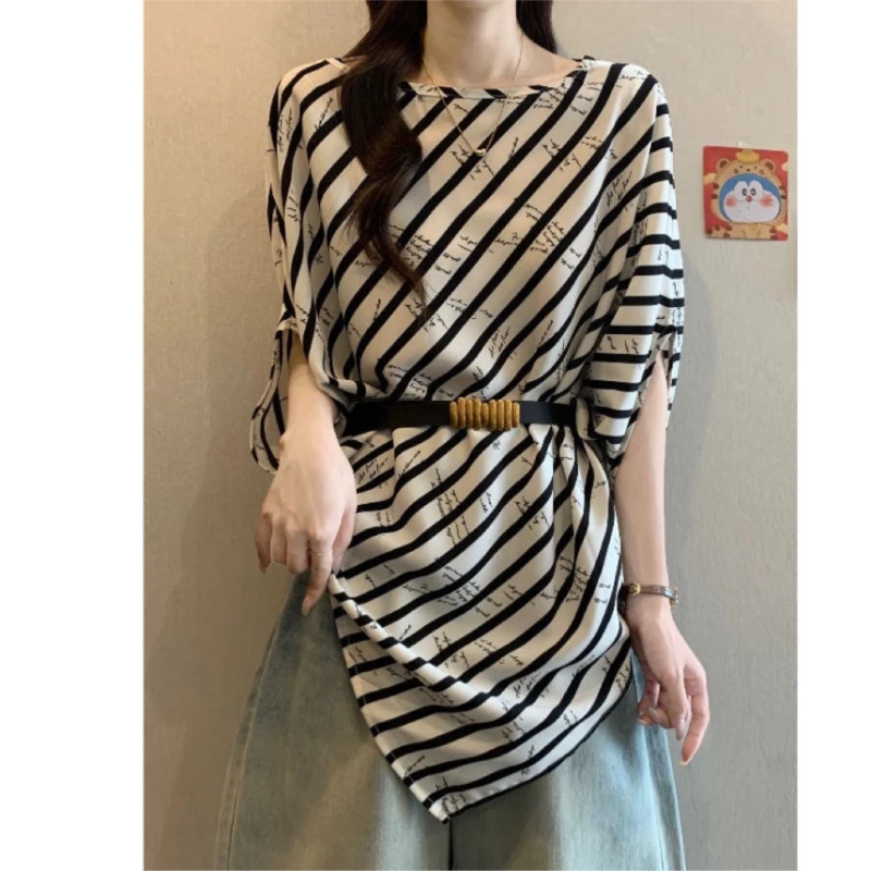 Wiosna Lato Duży Rozmiar Szyfonowa Koszula Damska 2025 Nowa Moda Luźna Codzienna Koszula w Paski z Paskiem w Talii Elegancka Bluzka Damska