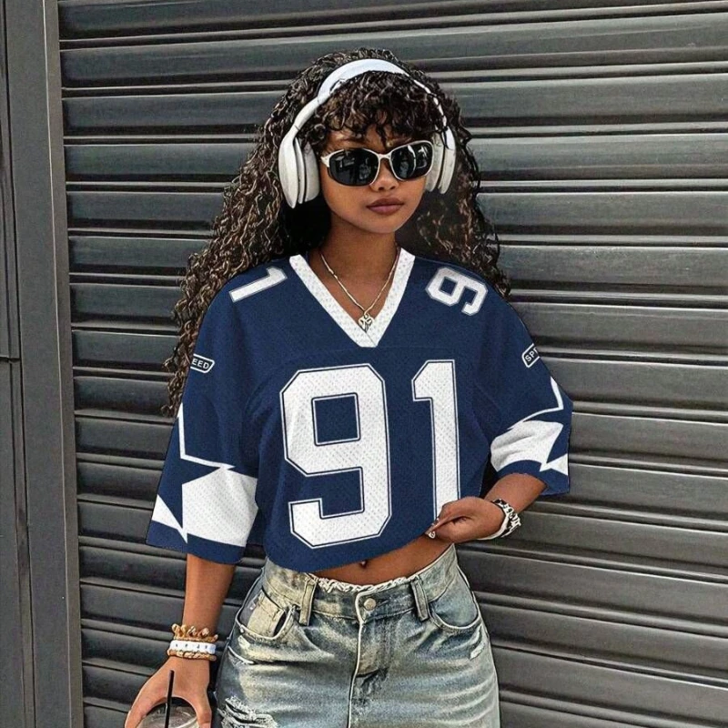 

Y2K Женская мода в европейском и американском стиле, свободная футболка с v-образным вырезом и короткими рукавами, летний трикотаж, трансграничный