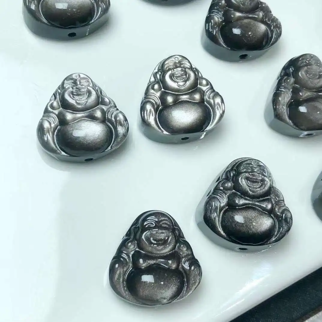 Pingente de Buda Sorriso Obsidiana Natural para Homens e Mulheres, Jóias Reiki, Pedra de Cura, Decoração Jóias