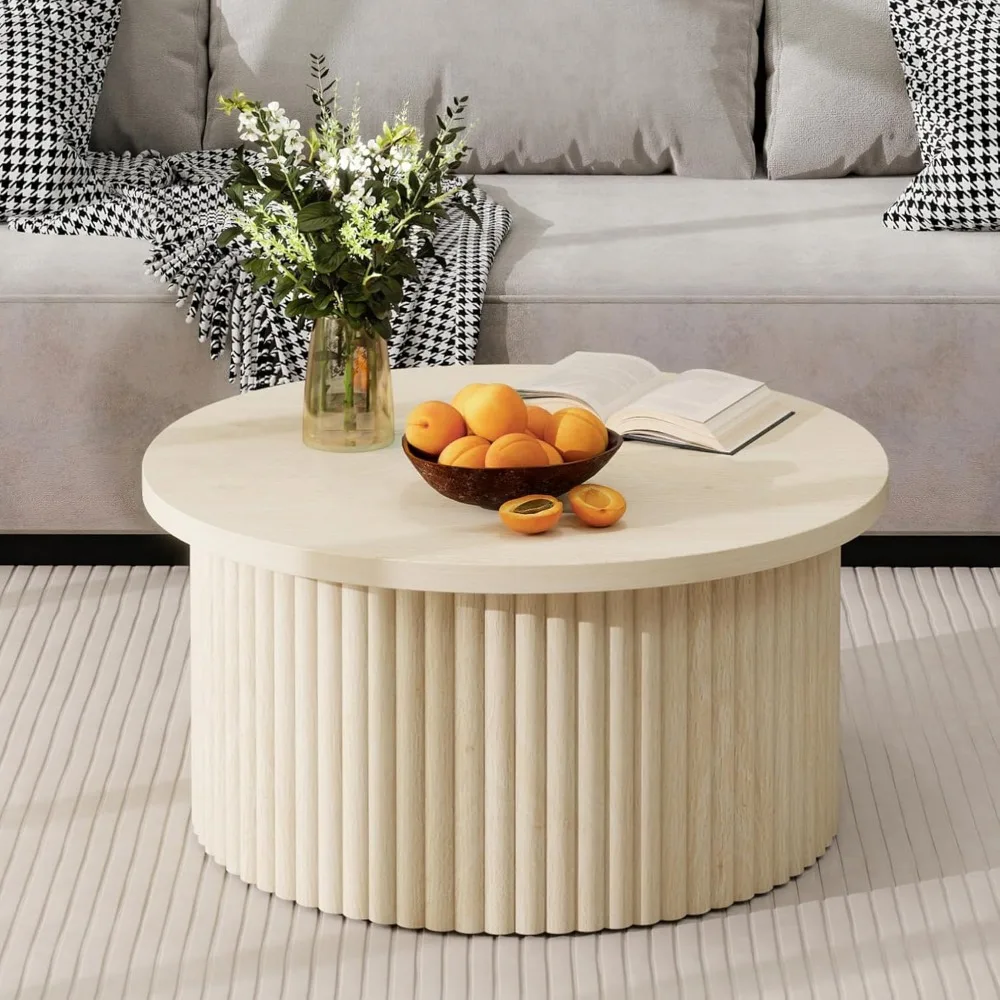 

Wood Round Coffee Table with Storage,Flip-top Circle Coffee Table for Living Room,Fluted Accent Center Table for Home Office,Rou