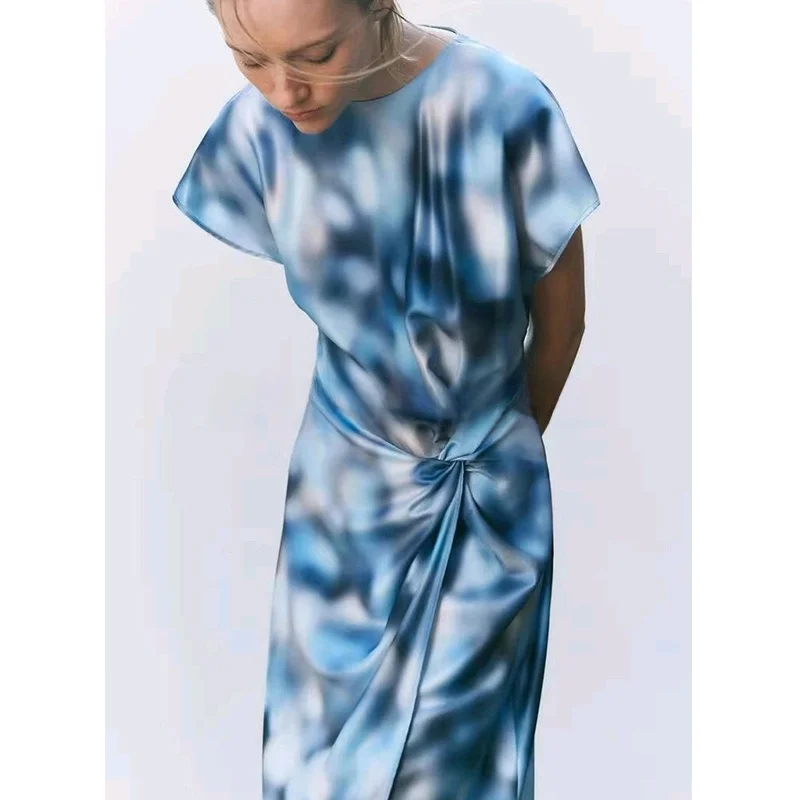 Primavera delle nuove donne tinte vita pieghettata rotonda Ne raso di seta sensazione di media lunghezza Dr Pendolarismo vita alta A-Line estate lunga