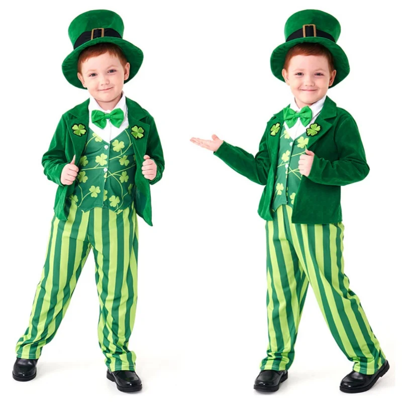 

Boys Carnival Costume Plus Green Clover Ireland St.patrick Day Costume Leprechaun Cosplay Kids Family Fancy Dress Hat Decor Prop