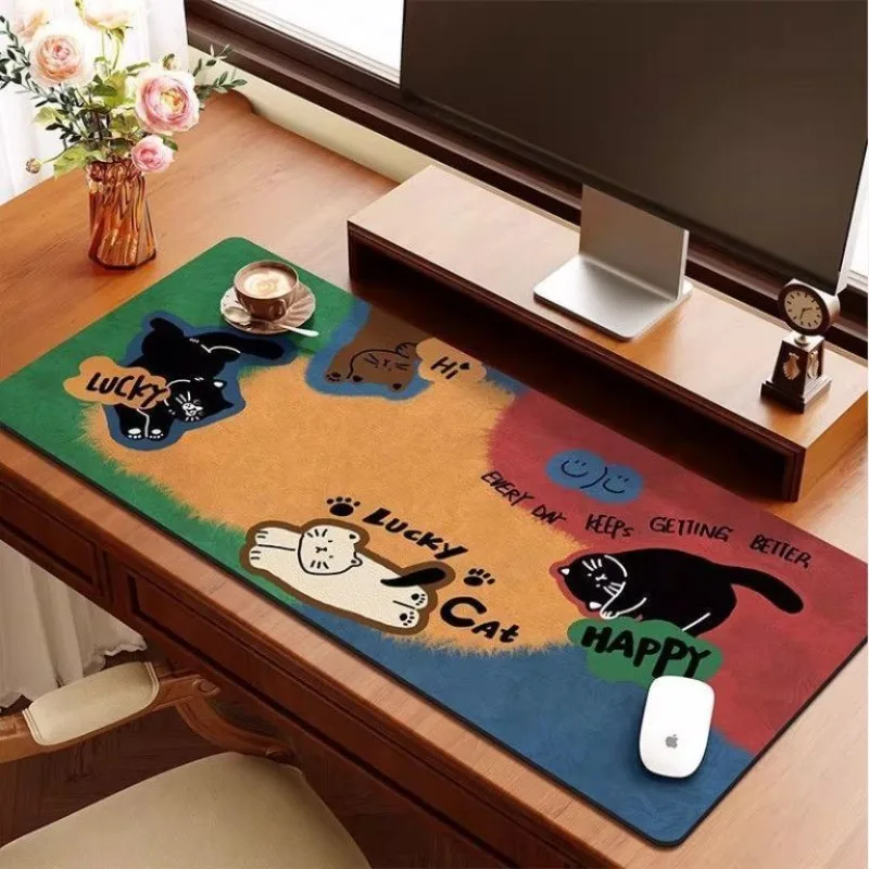 Vintage Patchwork Cartoon Cat Dog Mouse Pad Leather Extended Desk Mat Waterproof Non Slip Cute Animal Print Mouse Mat Desk Decor