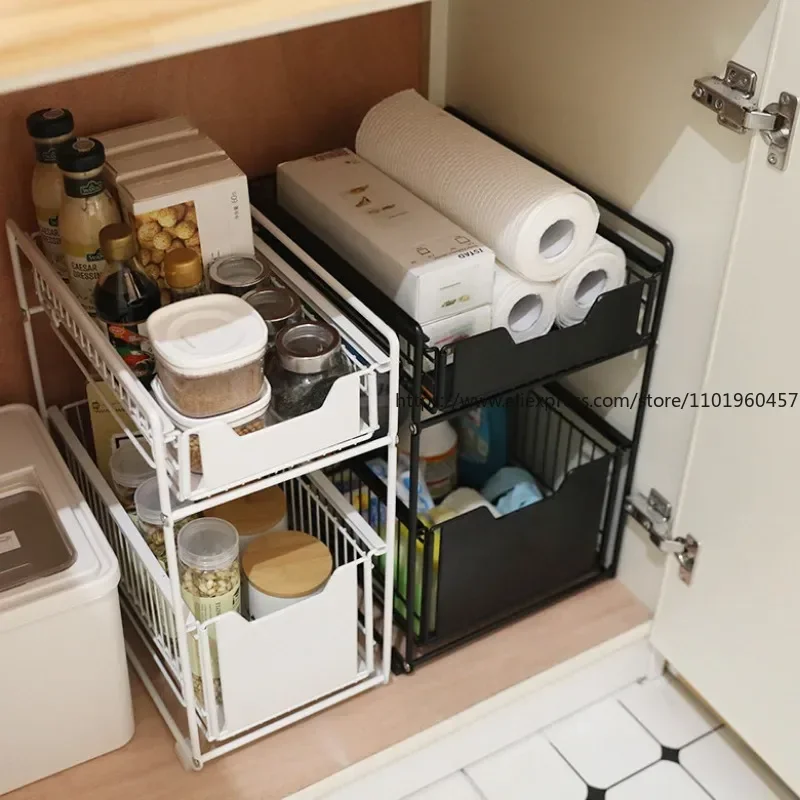 Black 2 Tier Sliding Cabinet Basket Spice Rack Sliding Basket Under Sink Cabinet Storage Shelf with 2 Extendable Baskets Drawer