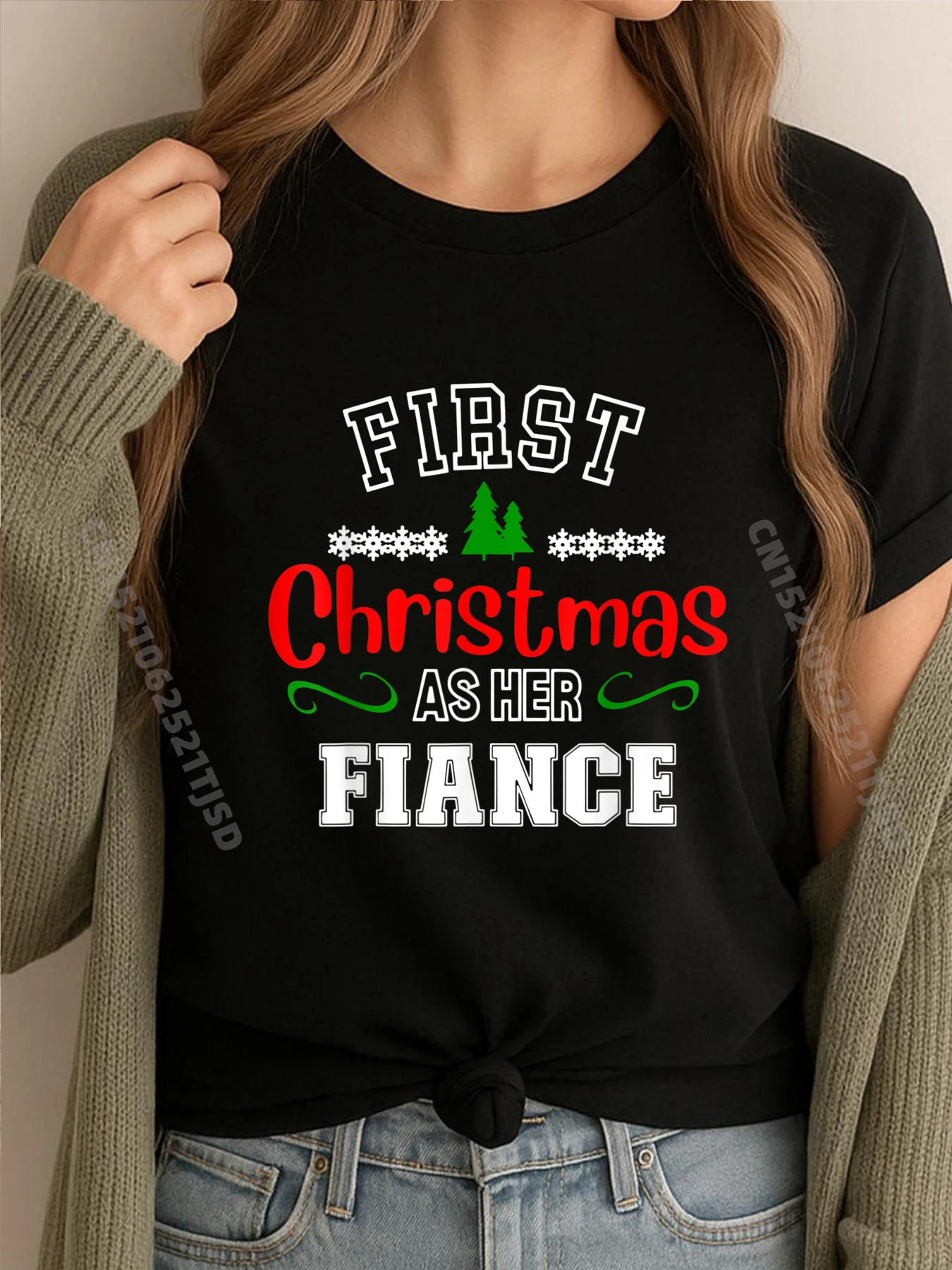 

First Christmas As Her Fiance Couples Xmas Engaged Vintage T Shirt Woman Men's Clothing Classic