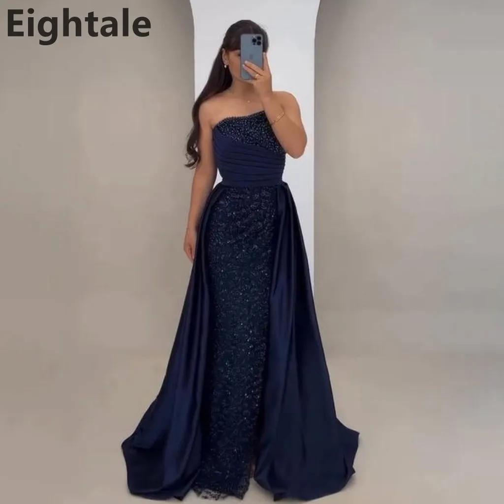 فستان سهرة Eightale 2025 بدون حمالات باللون الأزرق الداكن طويل فاخر مزين باللؤلؤ مطرز 2025 من الساتان على شكل حرف A فستان للحفلات الراقصة فستان رسمي للحفلات #1