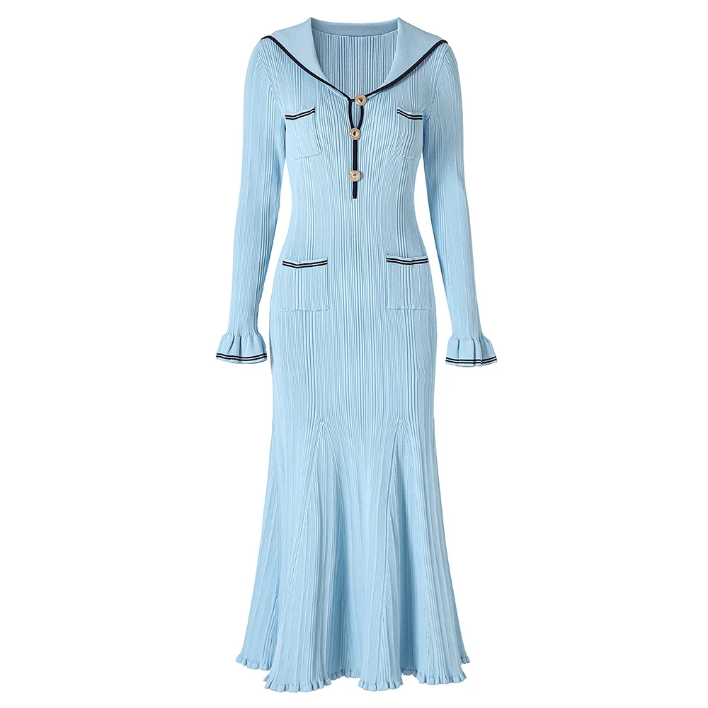 

Autumn Winter Turn-down V-Neck Knitted Maxi Ruffles Dressres Women Elegant Single-breasted A-line Long Shirt Dress Lady Vestidos