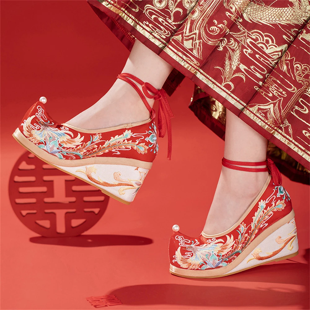 Female Autumn New Chinese Vintage Embroidered Red Wedding Shoes Ancient Style Bridal Lace-up Hanfu Pearl Wedge Hidden Heels Gift