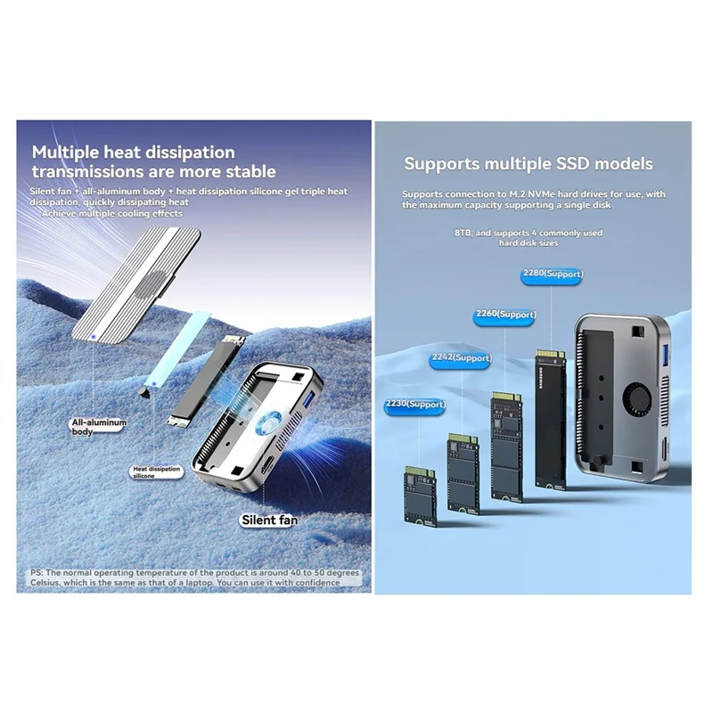 

USB C Docking Station 10Gbps Magnetic M. 2 Nvme SSD Enclosure Cooling Fan 4K60HZ SD/TF PD 100W