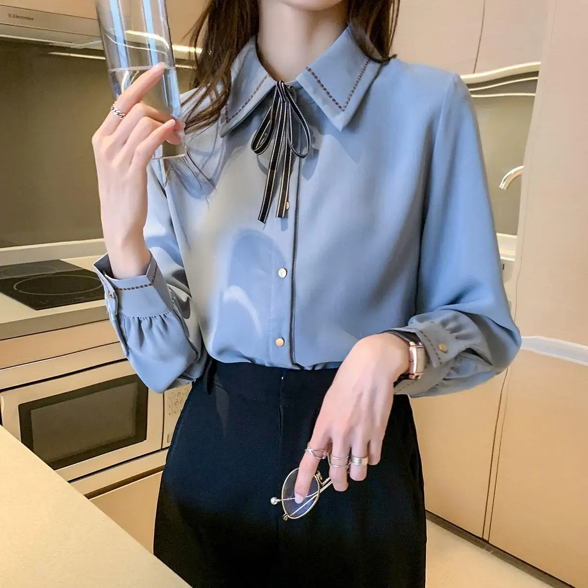 Women's Chiffon Shirt Women's New Long Sleeve Top Bottom Small Shirt Fashionable Western Style Shirt