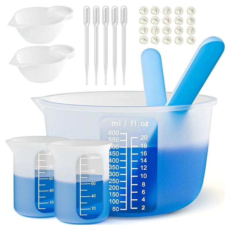 Large Silicone Resin Measuring Cups Tool Kit - Reusable 600Ml & 100Ml Measure Cup, Silicone Stir Sticks Pipettes, Easy To Use