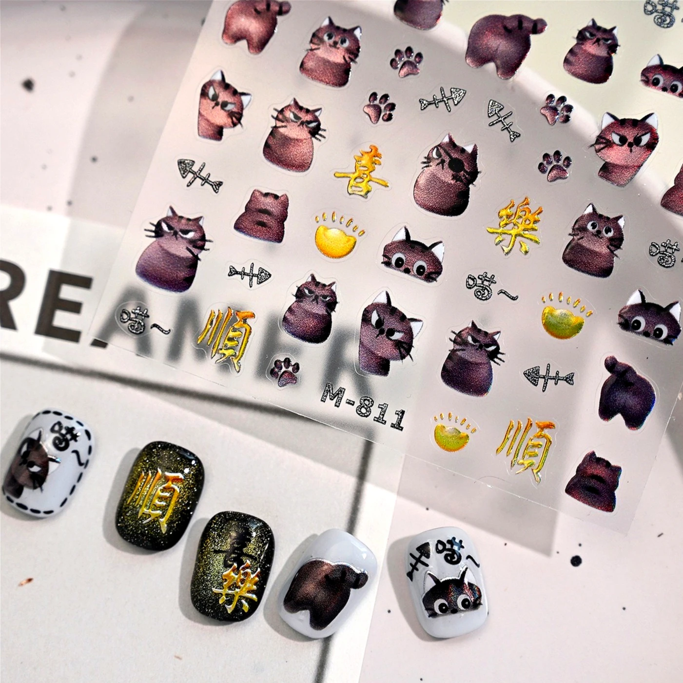 

Orange Cat Black Kitten Paw Print Fish Bones Chinese Characters Animal Dog Rabbit Apple Flower Bowknot Nail Art Stickers Decals