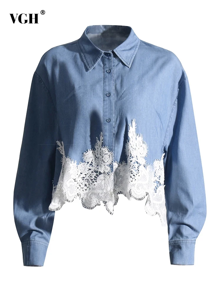 VGH Hit Color Patchwork Lace Denim Shirt For Women Lapel Long Sleeve Spliced Single Breasted Loose Irregular Hem Blouse Female