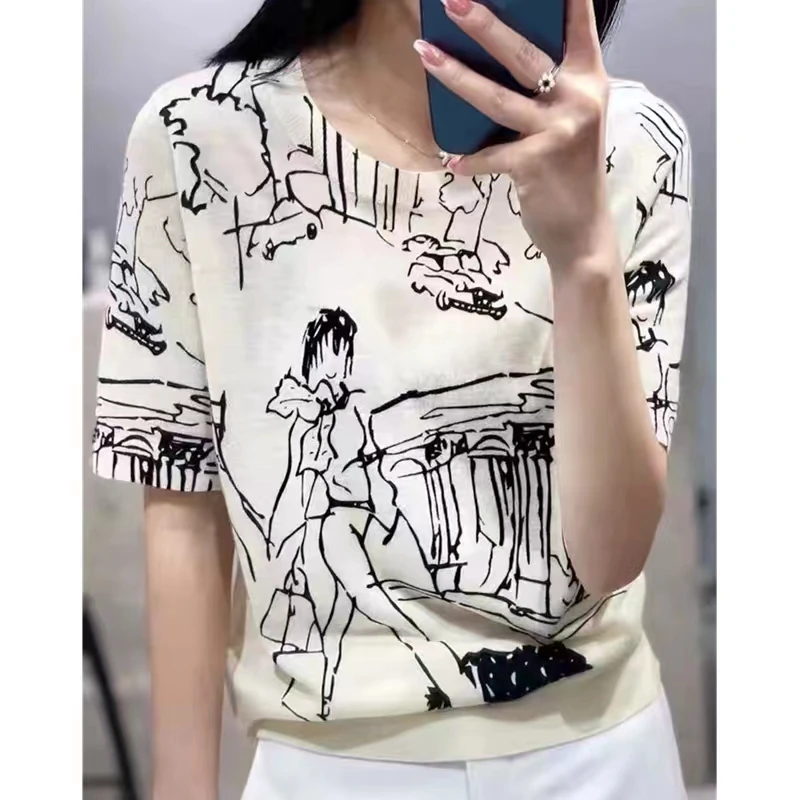 Fine Imitation Wool Knitted T-Shirt Women\'s Short-Sleeved Top Graffiti Digital Jacquard Pullover Ladies Sweater 22 Summer Trendy