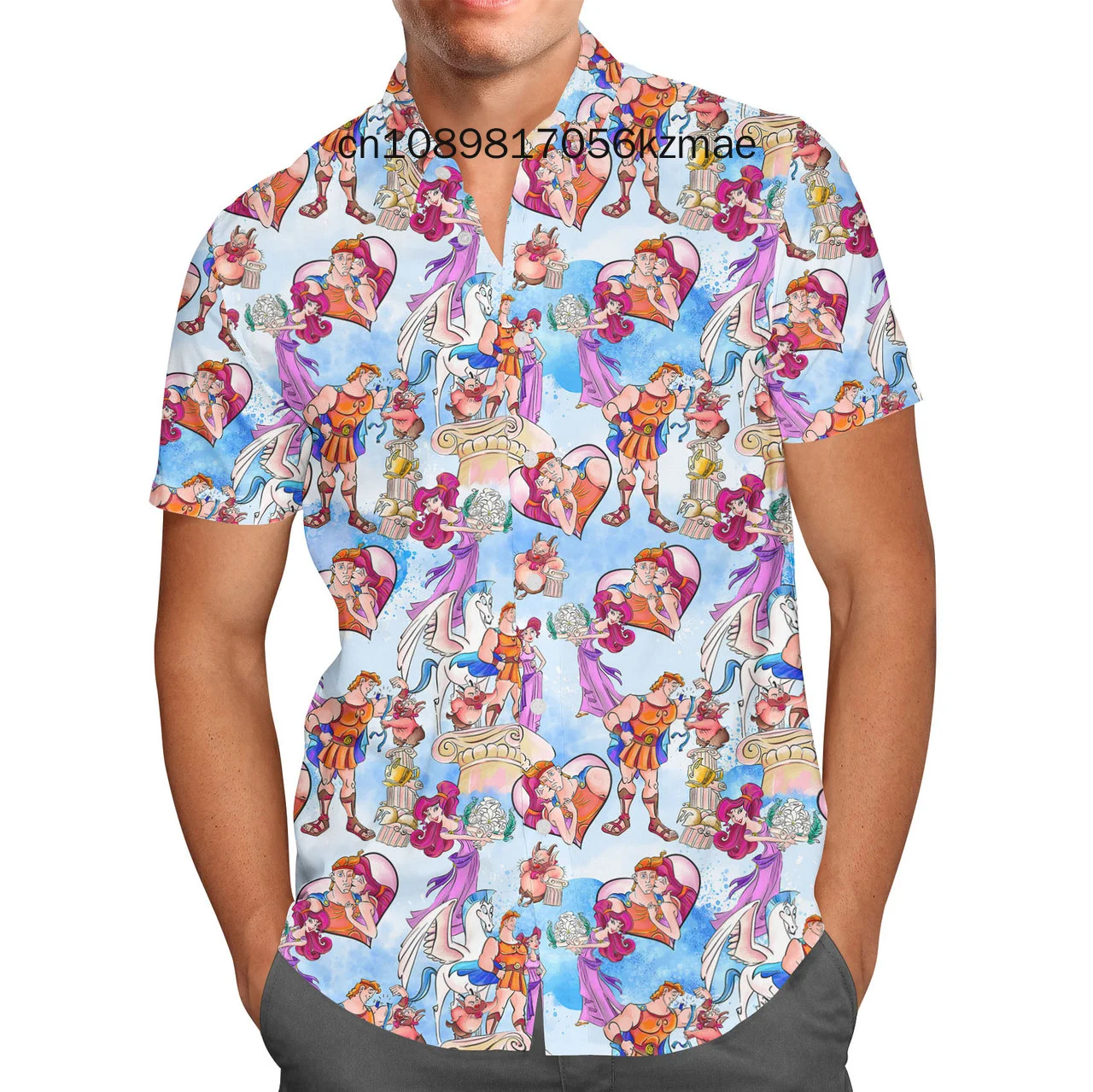 2024 Nieuwe Disney Hercules Hawaii Shirt Heren Dames Korte Mouw Knoop Shirt Disney Hawaiian Shirt Cartoon Kids Strandshirt