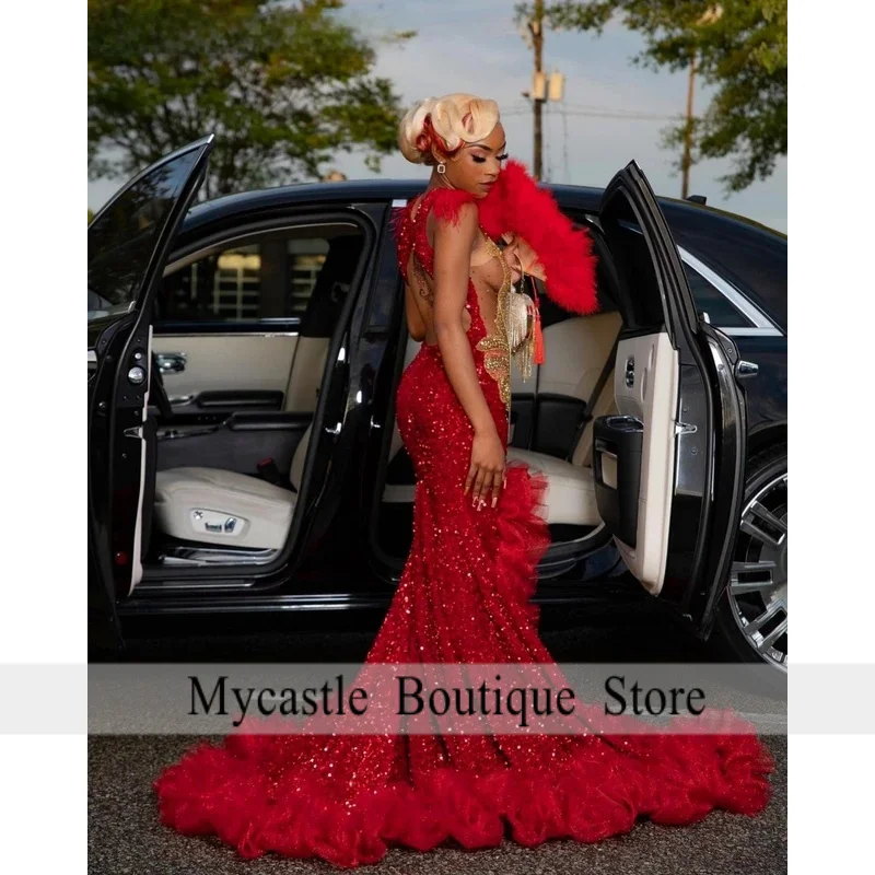 Customized Aso Ebi Red Sequins Evening Dress 2026 Gold Crystal Applique Beading African High Slit Prom Dress Party Gown