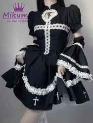 Gothic Dresses Harajuku Y2k Lolita Preppy Style Flare Sleeve Kawaii Vestidos Ball Gown Sweet Lace Hollow Out Love Ruffles Dress