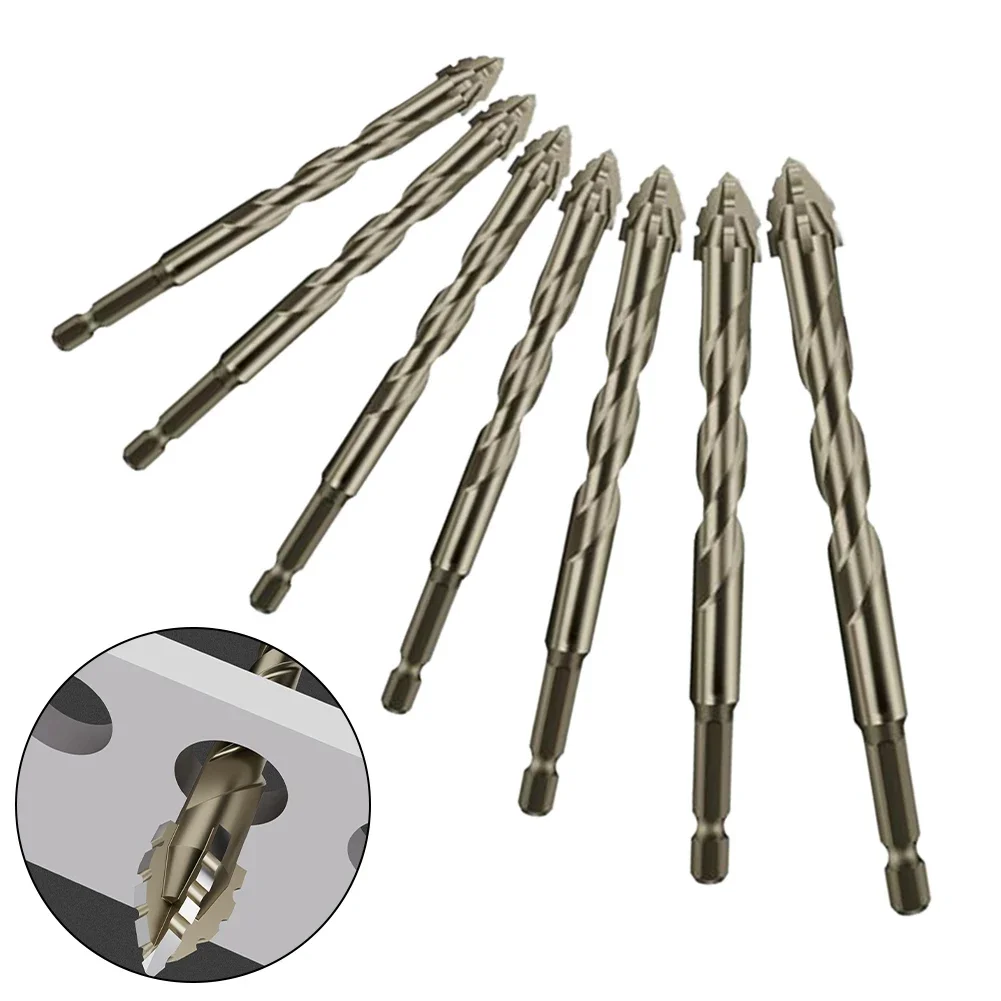 7pcs 1/4inch Hex Shank Eccentric Drill Four-Flute Glass Tile Punching Rock Slab Triangle Drill Bit For Tiles Drilling Power Tool