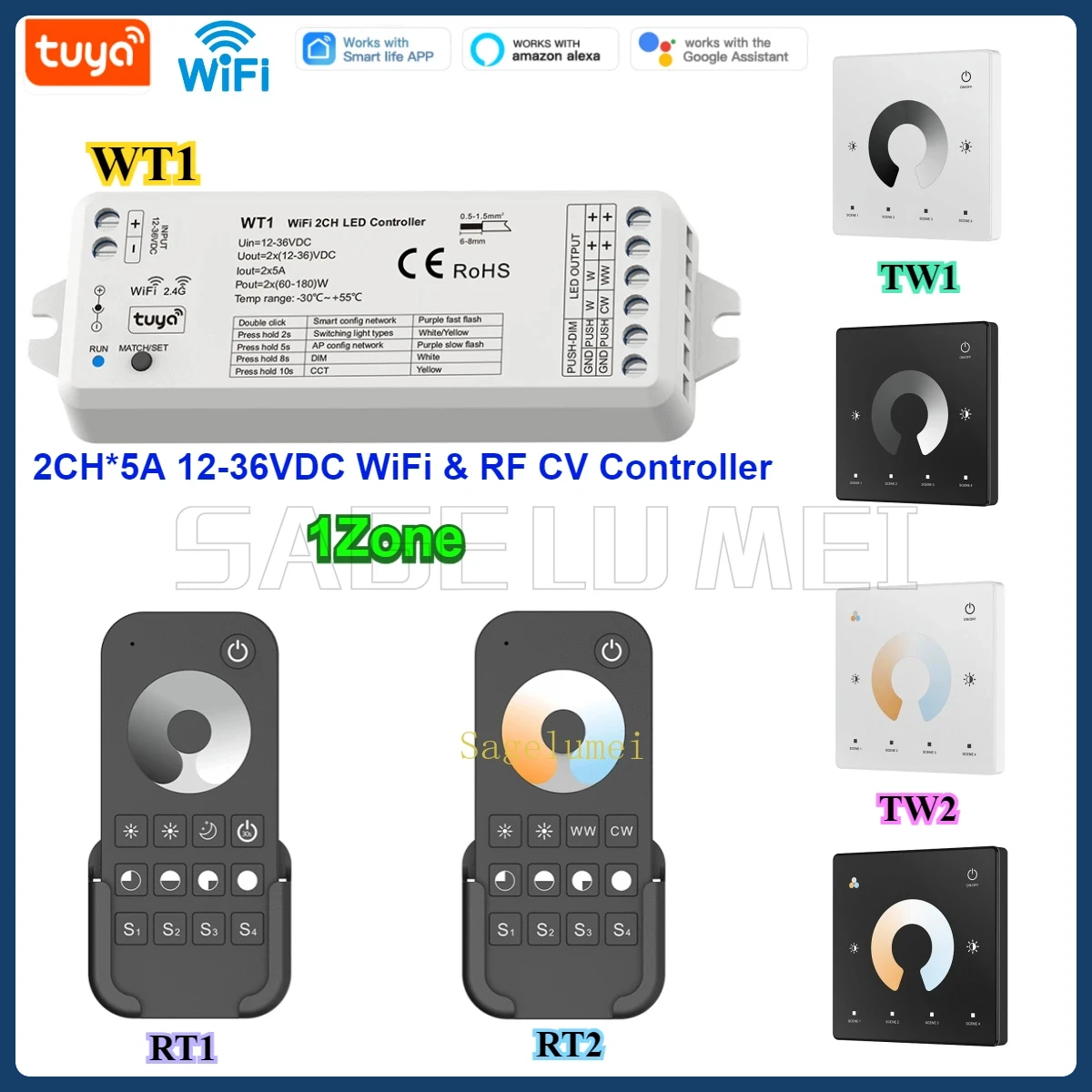 

Светодиодный контроллер WT1 RT1/2 TW1/2 Tuya WiFi Светодиодный диммер 12 В 24 В 36 В постоянного тока 2 канала Smart 2,4G RF Беспроводной дистанционный затемняющий переключатель WW CW CCT