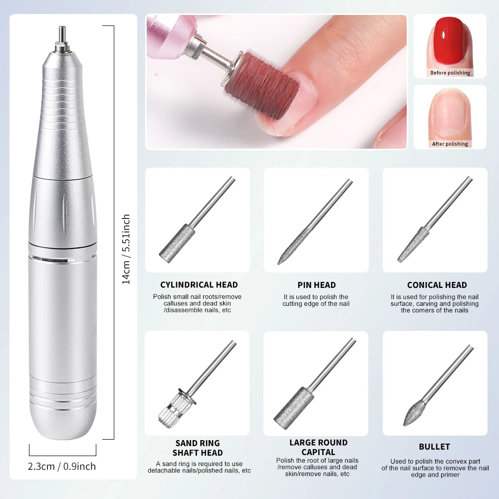 Wiertarka do paznokci 2 w 1 i lampa Ładowalna elektryczna maszyna do polerowania paznokci do usuwania i suszenia manicure Domowe/salonowe narzędzie do żelu akrylowego