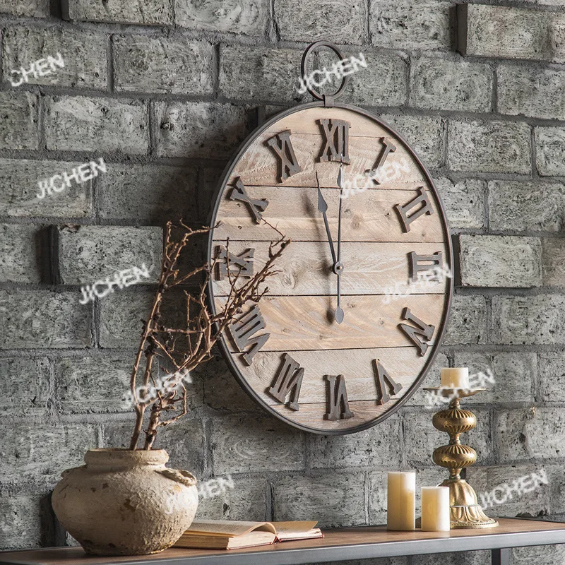 New Chinese retro old wooden round creative home living room wall sofa background wall nostalgic clock decoration
