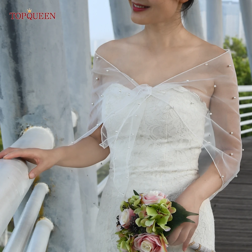 TOPQUEEN VG86 Top corto capa nupcial señoras Bolero de perlas chal nupcial accesorios de boda precioso chal de perlas