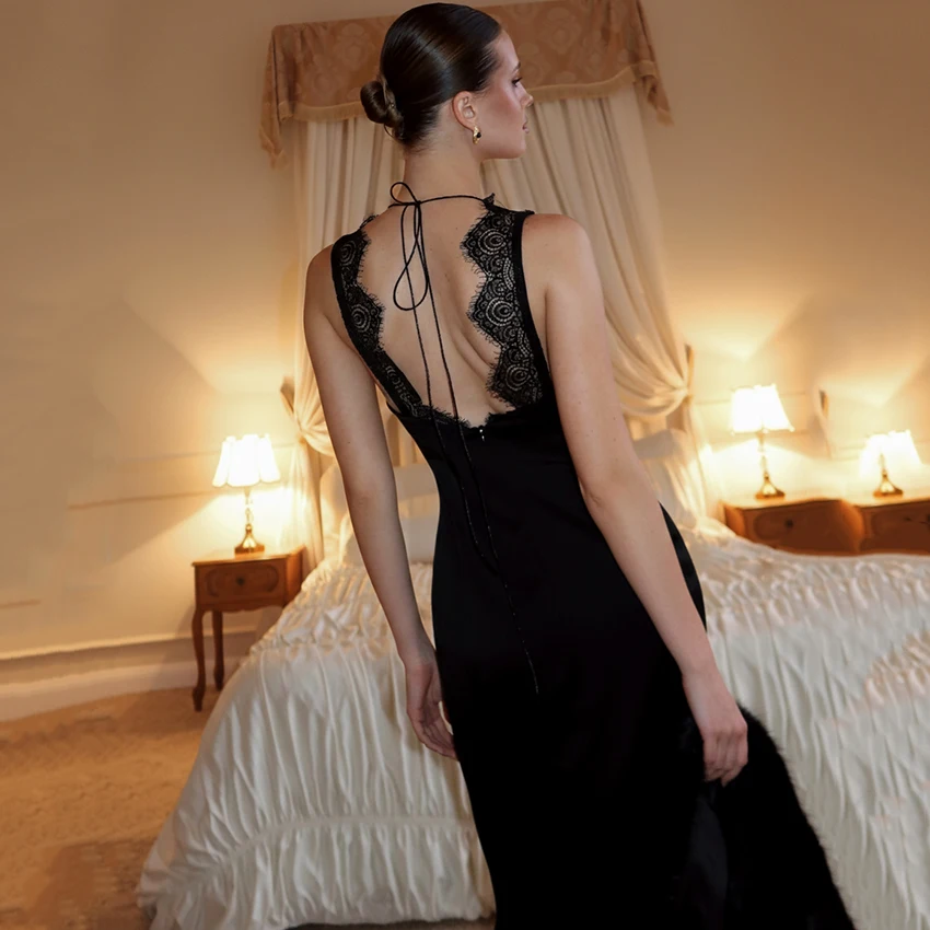 Linad Elegant Black Lace High Waist Long Dress Sexy Backless Ankle Length Dresses Female Summer Fashion Slim Party Dress 2026 view 4