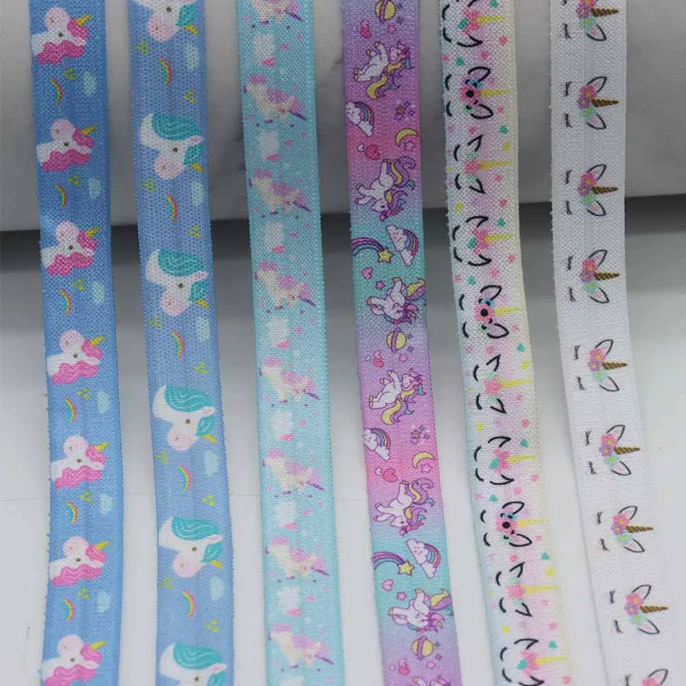 

5/8" 15mm Heat Transfer Gradient Rainbow Cute Unicorn Printed Fold Over Elastic FOE Ribbon For Hair Ties Hair Accessories