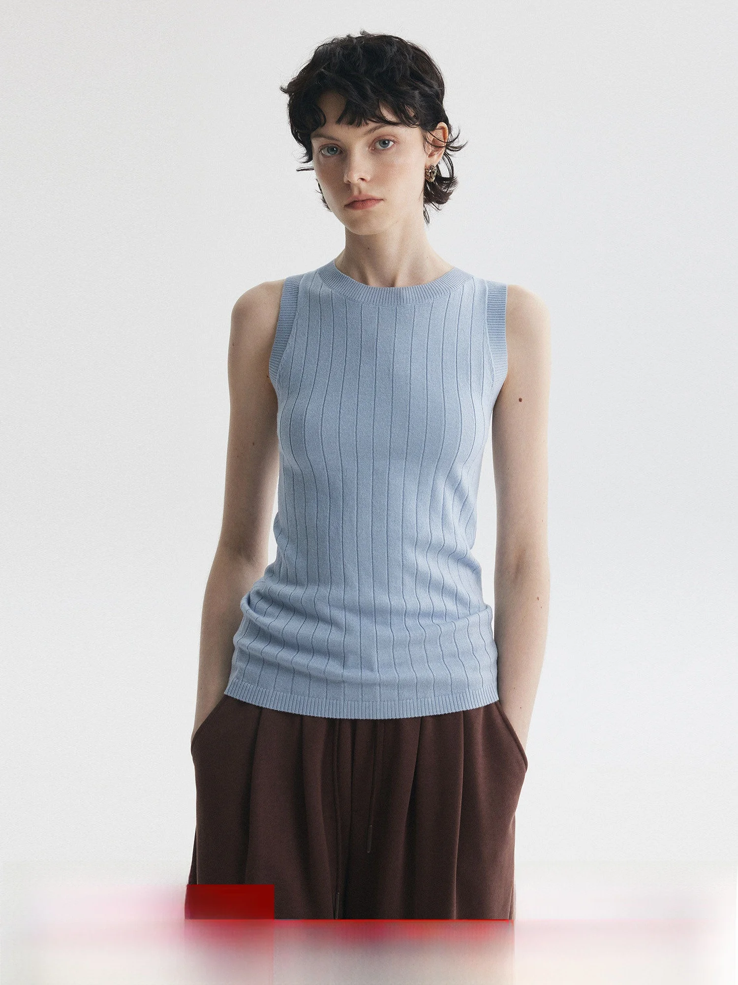 

Синий вязаный жилет с круглым вырезом для женщин, базовый слой, широкие полосы, шерстяной топ Bymolycho, приталенный крой для повседневной носки