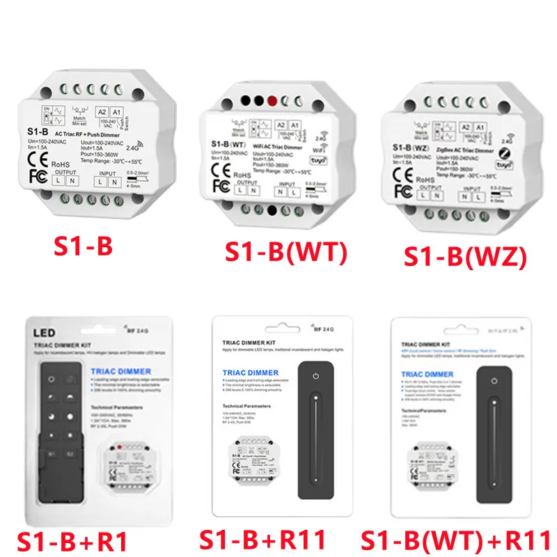 

RF + Push AC Phase-cut Dimmer 2.4G RF LED controller S1-B CH*1.5A S1-B(WT) WiFi & RF AC Triac Dimmer APP switch single color