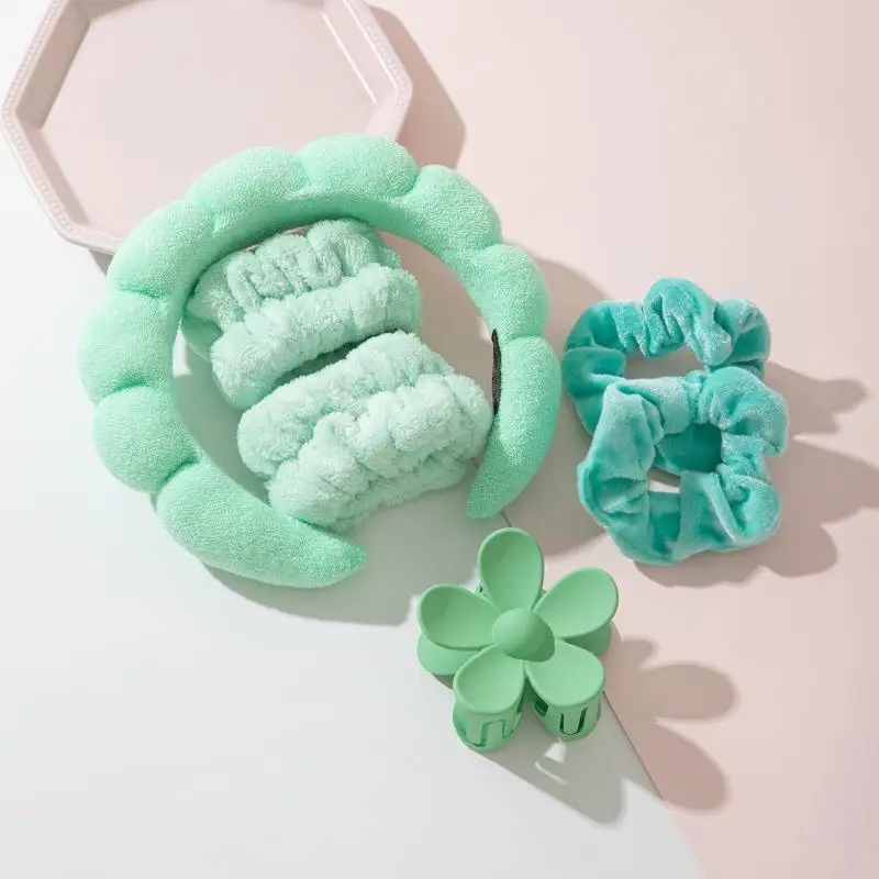 4/6-teiliges Plüsch-Hautpflege-Stirnband-Set mit saugfähigen Handgelenkbändern und niedlicher Blumen-Haarklammer für Gesichtsreinigung, Make-up und Hautpflege – Detail 10
