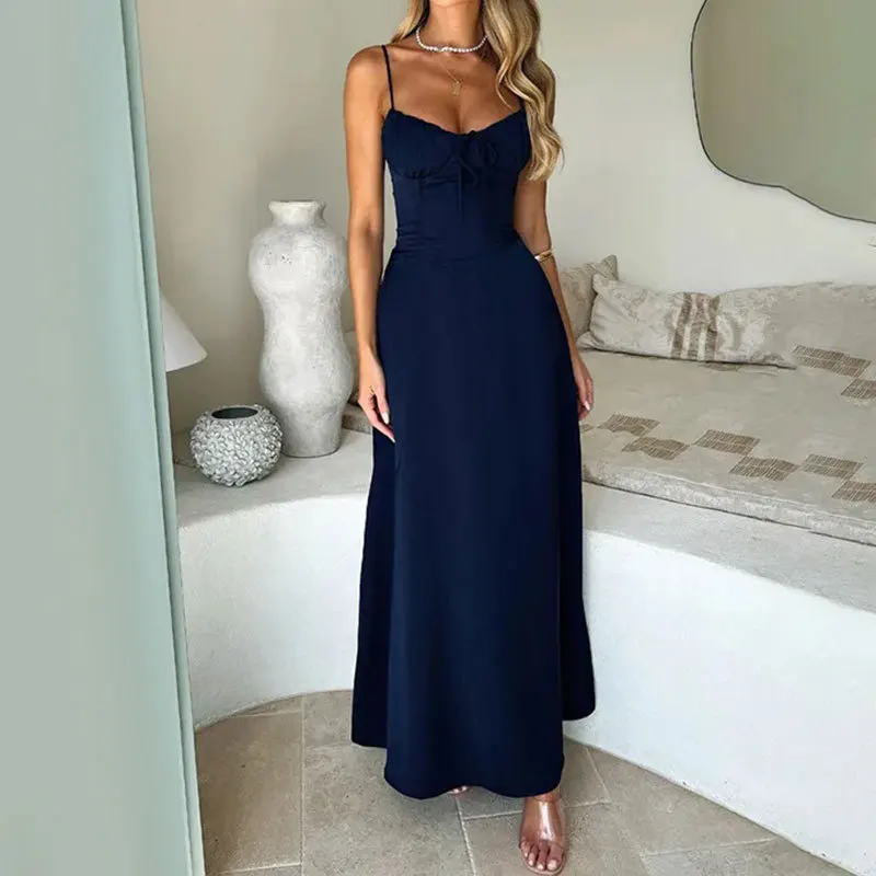 Robe longue élégante à bretelles, dos nu, mode d'été pour femmes, col rond, smockée, couleur unie, Slim, robe de soirée, nouvelle collection 2025
