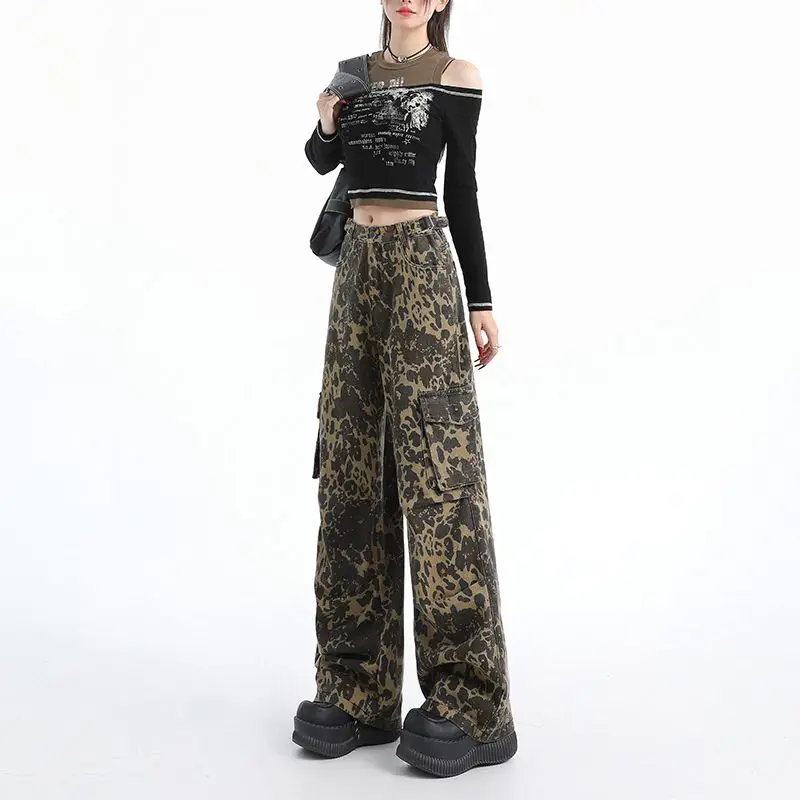 High street leopardo impresso jeans feminino solto ajuste streetwear senhoras novas calças y2k