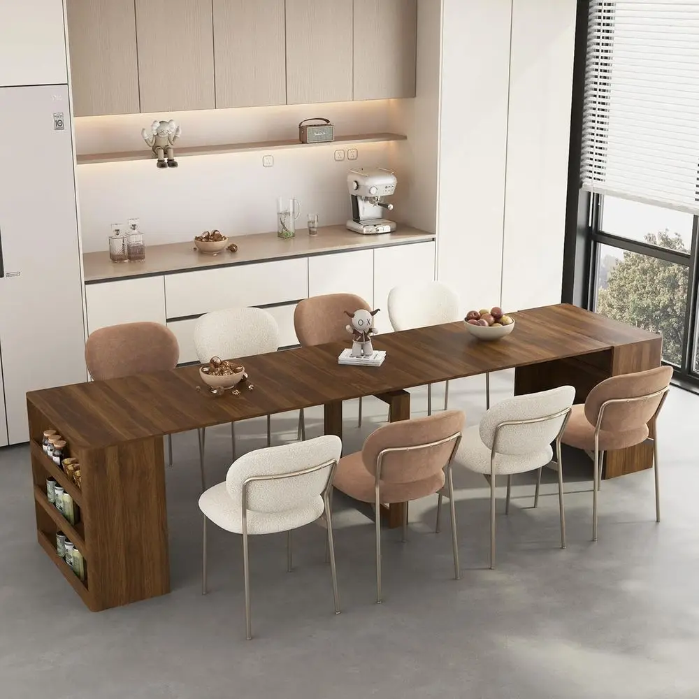 

Expandable Walnut Dining Table for 1-12, Multifunctional Wood Kitchen & Living Room Furniture