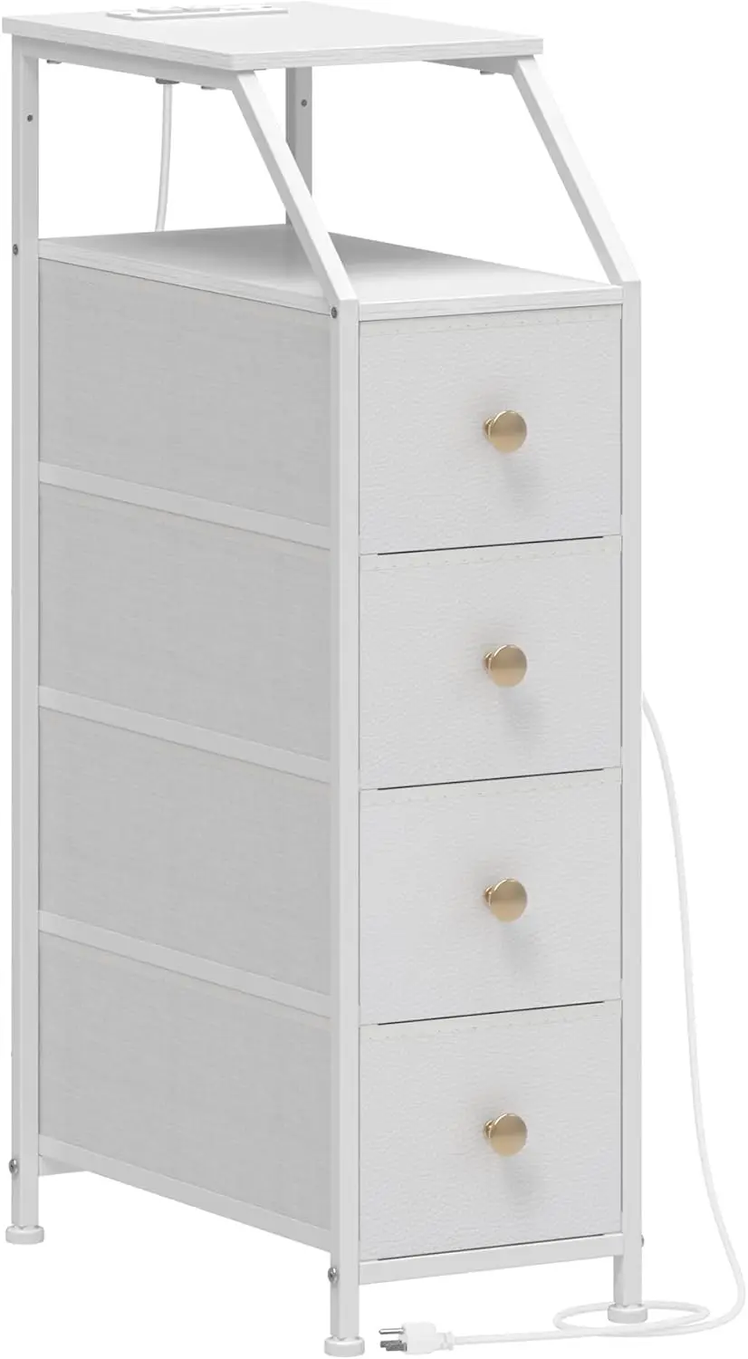 

Tall Skinny Dresser with Charging Station, 4 Drawers Nightstand for Small Spaces, White