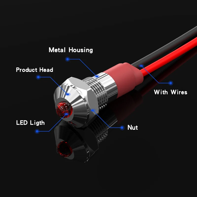 6mm Convex Ball Head Indicator Light With Wire High Bright Metal Power Waterproof Signal Lamp 3V 12V 220V Mini Warning Light Red