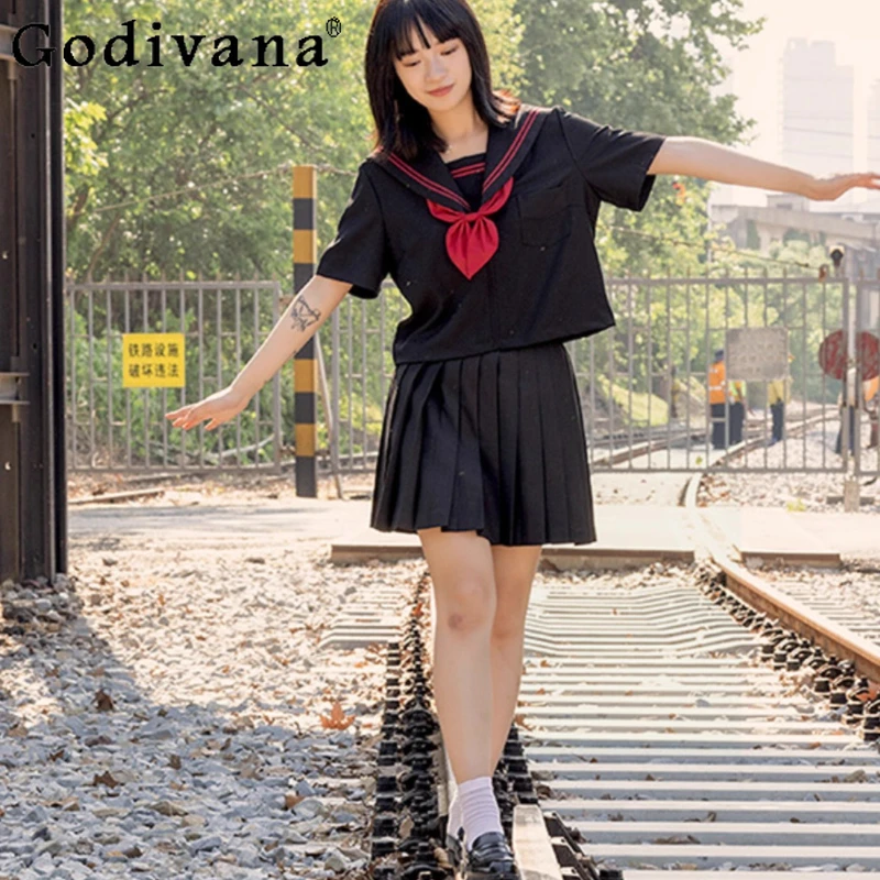 

Новая черная рубашка JK с коротким рукавом и темно-синим воротником, японская милая рубашка для девочек, универсальная модная плиссированная короткая юбка для колледжа, уменьшающая возраст