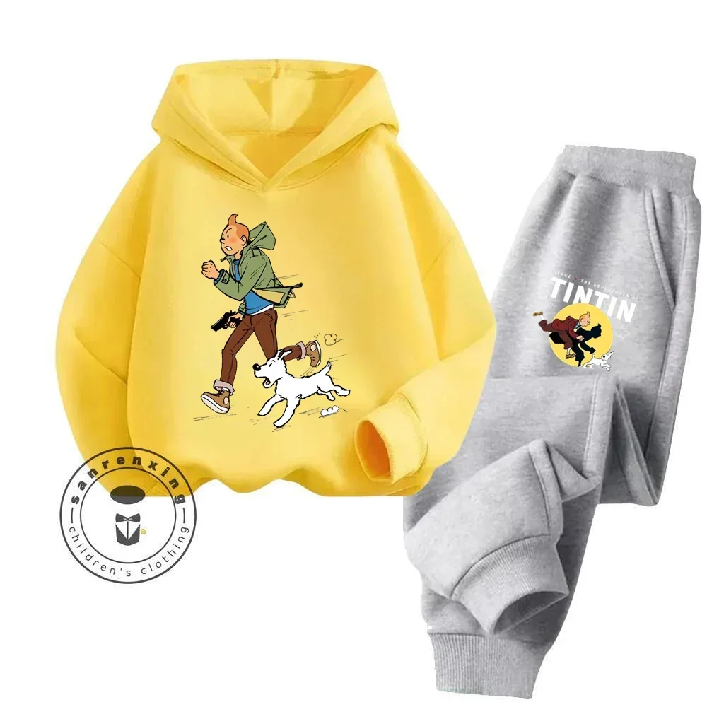 2024 The Adventures of Tintin Cartoon Stylish Long Sleeve Delicate Softness and Profound Fashion for Kids\' Everyday Hoodie Set