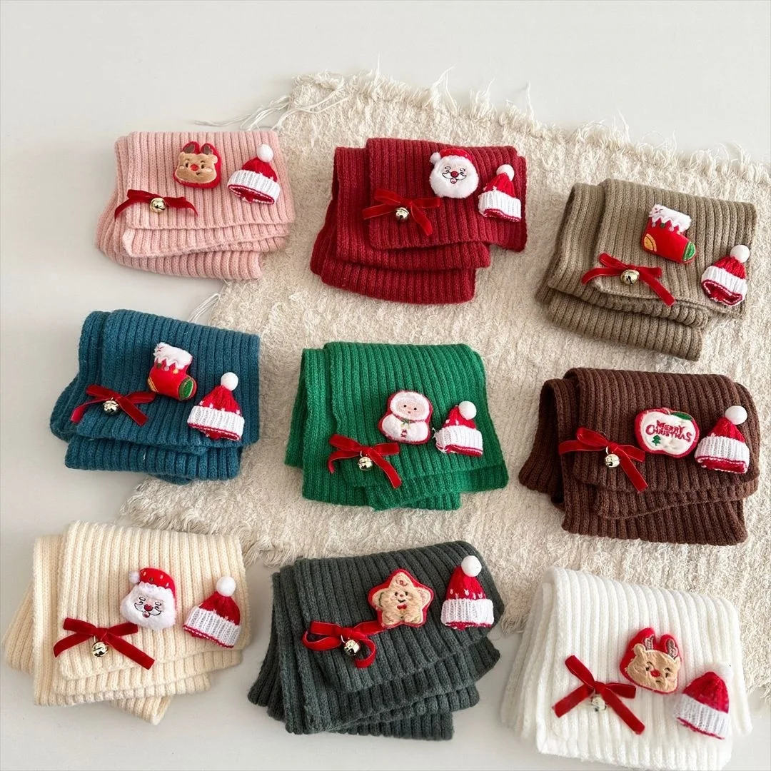 Kids Christmas Knitted Scarf Girls Boys Santa Snowman Bell Warm Soft Winter Outdoor Holiday Party Child Neck Warmer Accessory