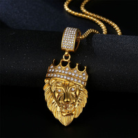 Punk Iced Out Bling Big Crown Lion Head Pendant Male Gold Color Stainless Steel Animal Necklace for Men Fashion Jewelry Gift