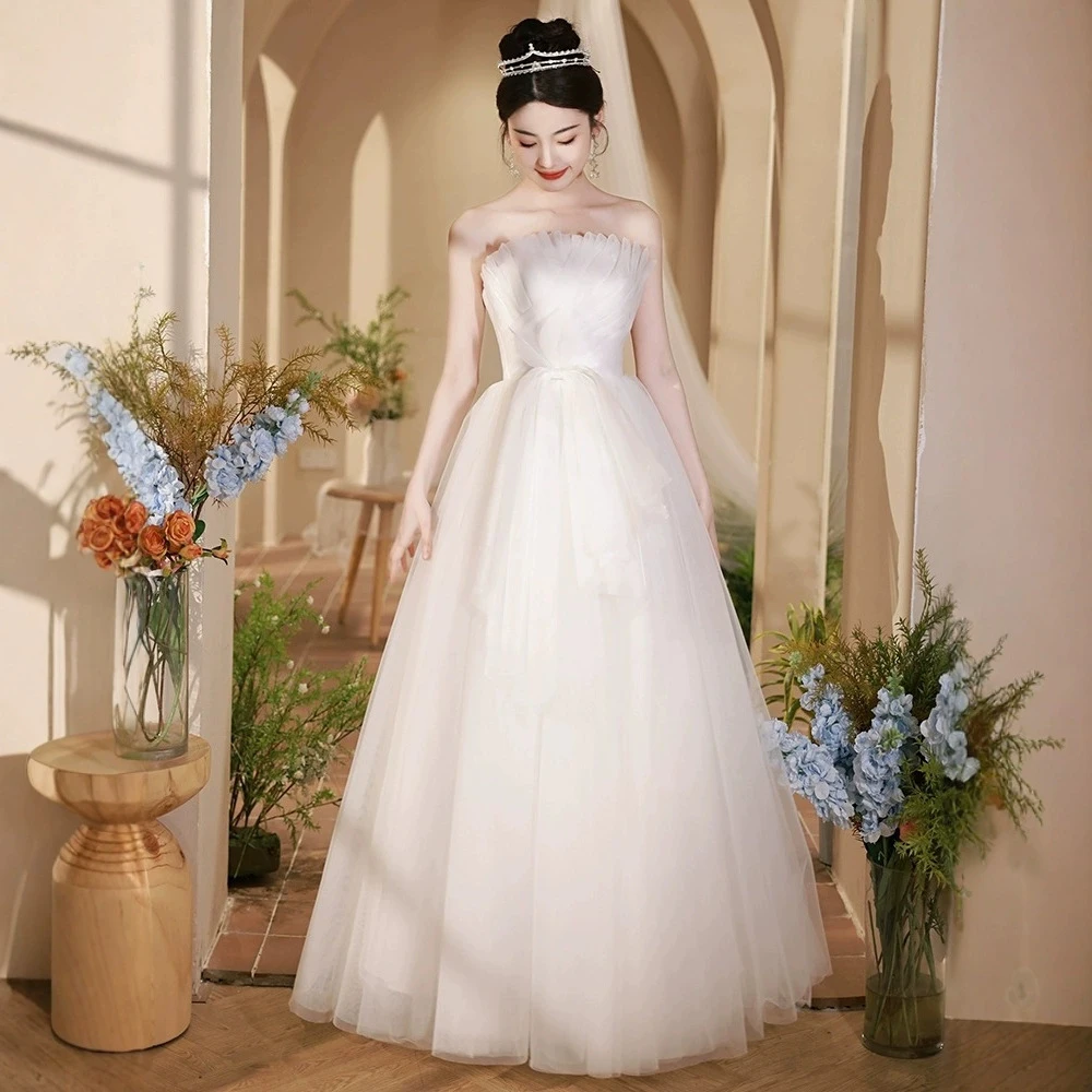 

Elegant Solid White Classical Tulle Evening Gown Women's Luxury Pleated Strapless Bow Knot Design Luxury Flared A-Line Dresses