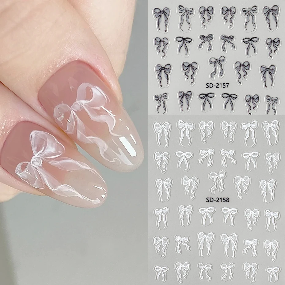 Adesivi per nail art con fiocco bianco e nero Decalcomanie per unghie autoadesive Ciondoli adorabili Design di nozze per accessori per decorazioni per manicure