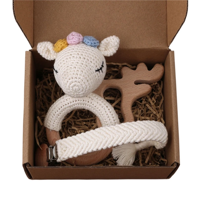 

97BE 1 Set Baby Newborn Knitted Cotton Deer Wooden Ring Teether+Pacifier Clip Chain Holder DIY Crochet Rattle Bracelet