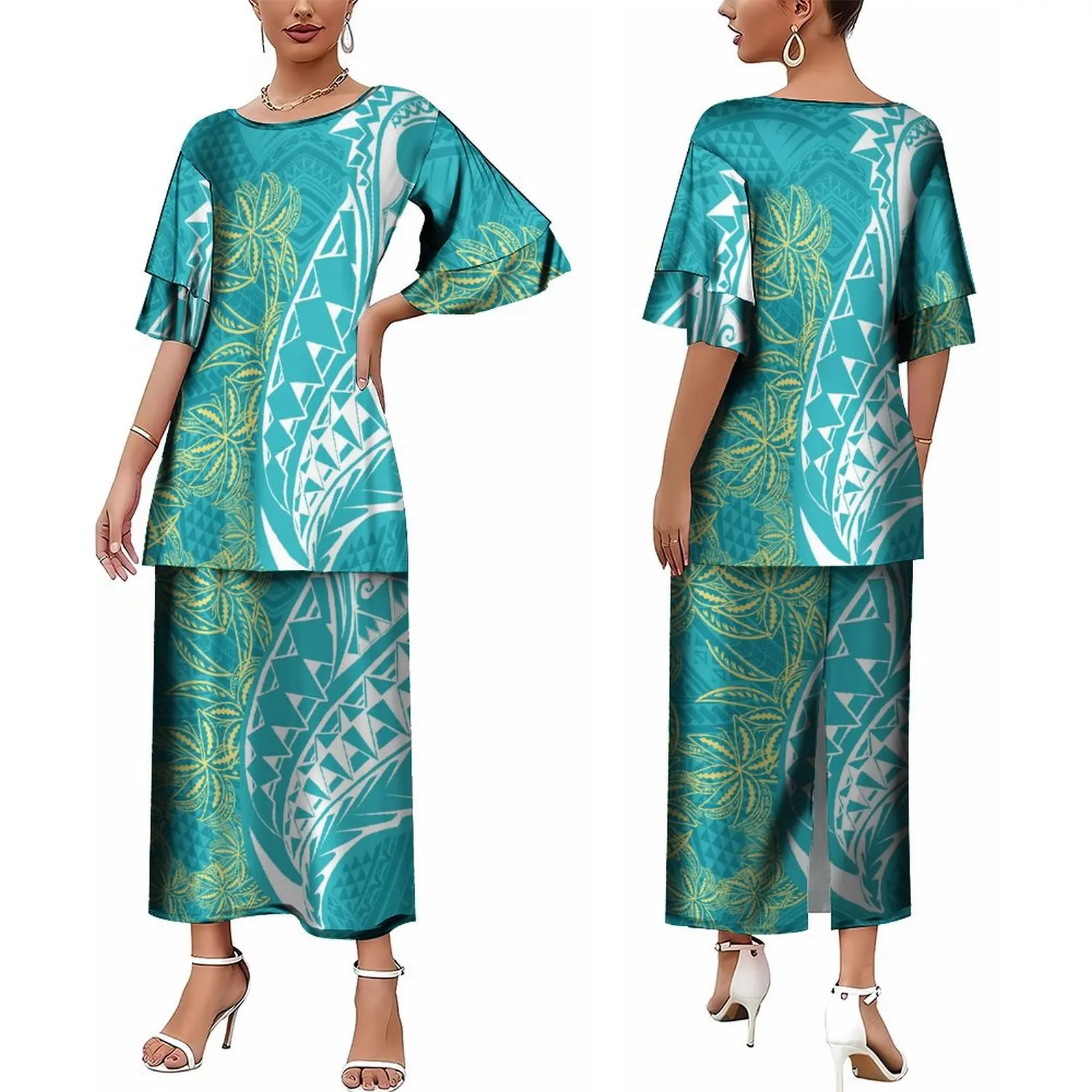 Summer Short Sleeve Women'S Puletasi Polynesian Dress Casual Suit Dress New Slit Design Hibiscus Flower Dress Island Style